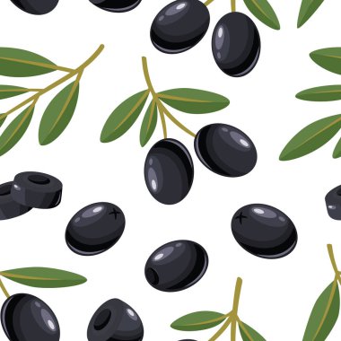 Düz Vektör Yeşil Zeytinli Kusursuz Desen. Dala konmuş zeytin meyveleri. Zeytin yağı ürünleri, ambalajlama, gıda konsepti için el yapımı zeytin ağacı böğürtlen tasarımı şablonu.