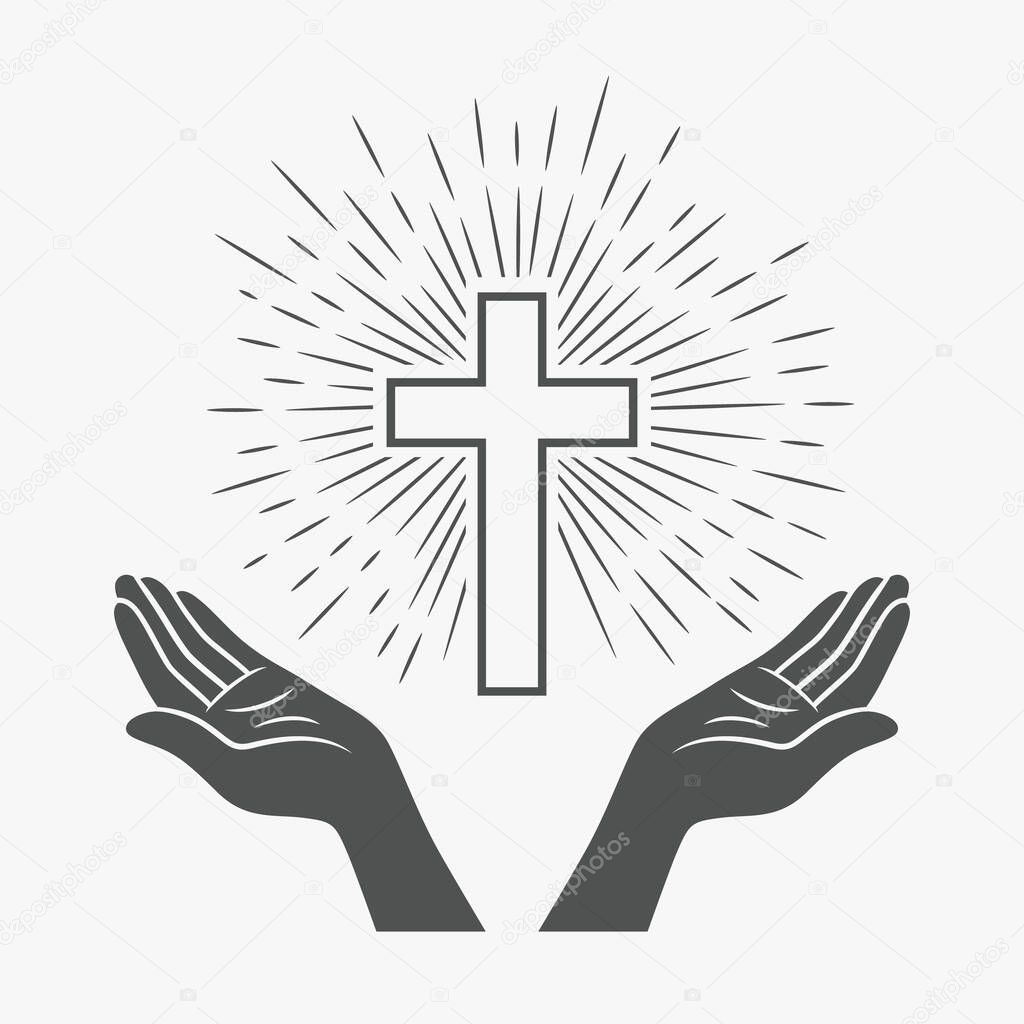 Black and White Open Hands with Cross and Divine Light, Symbol of Faith and Prayer. Design Template for Church Logo. Prayer, Religion Concept Monochrome Cut Out Silhouette Icon. Vector Illustration.