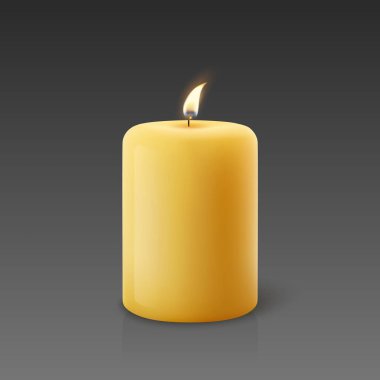 Vektör 3D Gerçekçi Parafin Yakma Partisi Spa Mumları ve Yanan Alev Kapanışı. Mum, Mum Alevi Tasarım Gevşeme, Sağlık ve Kutlama Konsepti, Ön Görünüm Şablonu.