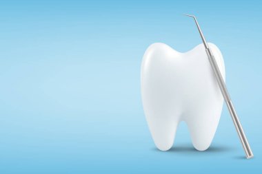 Vektör 3d Gerçekçi Diş ve Diş Kapanışı Sondası Mavi Arkaplanda izole edildi. Tıbbi Dişçi Aracı. Tasarım Şablonu, Clipart, Mockup. Diş Hekimliği, Sağlık, Hijyen Konsepti.