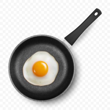 Vector 3d Realistik Fried Egg in the Black Frying Pan, yakından izole edilmiş, Top View. Çırpılmış yumurta, sahanda yumurta, omlet tasarımı. Lezzetli Kahvaltı, Yemek, Mutfak Konsepti.