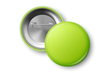 Vector 3d Realistic Green Blank Round Button Badge Closeup, Isolated. ID Badge Design Template, Mockup. Design Template for Access Pass, Identification, Events. Front, Back Side View. clipart