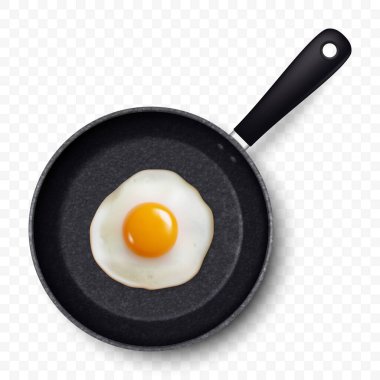 Vector 3d Realistik Fried Egg in the Black Frying Pan, yakından izole edilmiş, Top View. Çırpılmış yumurta, sahanda yumurta, omlet tasarımı. Lezzetli Kahvaltı, Yemek, Mutfak Konsepti.
