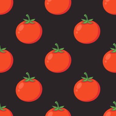 Siyah Arkaplanda Kırmızı Domatesli Kusursuz Vector Deseni. Tekstil, kağıt ve ev dekorasyonu için taze domates deseni. Kumaş için Domates Parmak izi Tasarımı. Domates Çizimi, Kusursuz Desen.