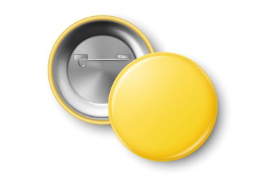 Vector 3d Realistic Yellow Blank Round Button Badge Closeup, Isolated. ID Badge Design Template, Mockup. Design Template for Access Pass, Identification, Events. Front, Back Side View. clipart