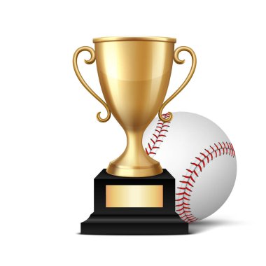Vektör 3d Gerçekçi Metal Sarı Şampiyon Kupası ve Beyzbol Takımı, izole edilmiş. Şampiyonluk Kupası Spor Konsepti için Tasarım Şablonu, Ön Görünüm.