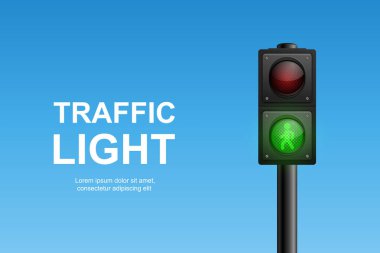 Yeşil, Sarı ve Kırmızı Işıklı Vektör Gerçekçi Trafik Sinyali. Yaya Sinyali. Mavi Gökyüzü Arkaplanda Trafik Işığı.
