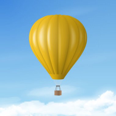 3d Gerçekçi Sıcak Hava Balon Simgesi ile Mavi Gökyüzü Arkaplanındaki Vektör Seyahat Sancağı. Tasarım Şablonu, Yaz Tatili, Seyahat, Turizm ve Seyahat Konsepti.