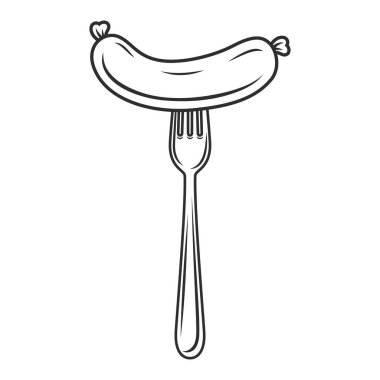 Fork 'ta Düz Vektör Çizgi Sosis ve Beyaz Arkaplan' da Taslak Kapalı Çekim. Menü, BBQ ve Mutfak Tasarımı İçin Vektör Gıda Çizimi.
