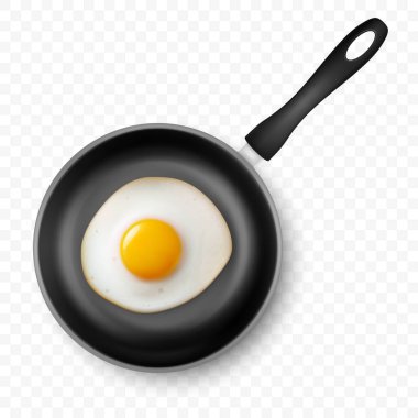 Vector 3d Realistik Fried Egg in the Black Frying Pan, yakından izole edilmiş, Top View. Çırpılmış yumurta, sahanda yumurta, omlet tasarımı. Lezzetli Kahvaltı, Yemek, Mutfak Konsepti.