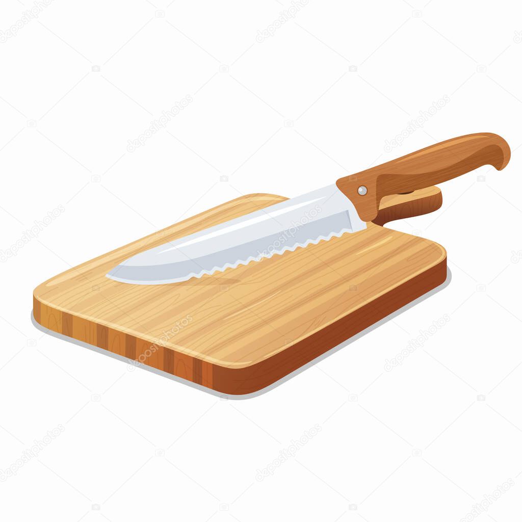 Flat Vector Wooden Cutting Board with Kitchen Knife. Cutting Board Design Template with Knife. Chopping Board and Knife. Cutting Board and Knife Illustration Isolated on White Background.