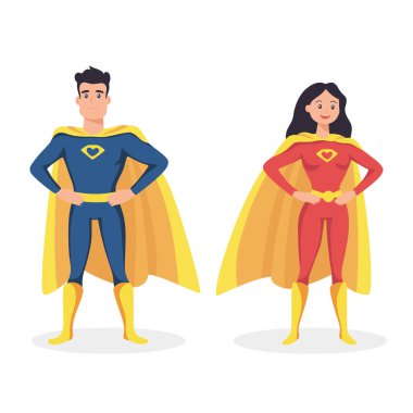 Süper kahraman çift çizimi. Pelerinli Kahraman Adam ve Kadın, Düz Vektör Çizimi. Süper kahramanlar konsepti. Kahraman Kostümleri ve Pelerinler. Çizgi Kahraman Karakterleri.