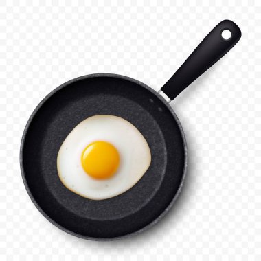 Vector 3d Realistik Fried Egg in the Black Frying Pan, yakından izole edilmiş, Top View. Çırpılmış yumurta, sahanda yumurta, omlet tasarımı. Lezzetli Kahvaltı, Yemek, Mutfak Konsepti.