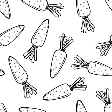 Beyaz Arkaplanda Siyah ve Beyaz Havuç Çizgi Filminin Kusursuz Şekilleri. Sağlıklı Yeme, Organik Yemek, Çocukların Beslenme ve Oyuncak Tasarım Şablonu İçin Taze Havuç Baskısı.