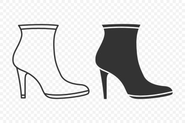 Düz Vektör Linear ve Siluet Kadın Ayak Bileği Çizmeleri ve Stiletto Topuk Simgesi Ayarlı. Moda Ayakkabıları Sembol Koleksiyonu, Tasarım Şablonu, Clipart. Vektör İllüstrasyonu.