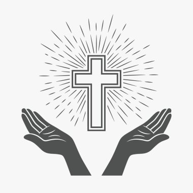 Kara ve Beyaz Elleri Haç ve İlahi Işık ile açın, İnanç ve Duanın Sembolü. Kilise logosu için tasarım şablonu. Dua, Din Konsepti Monokrom Siluet Simgesini Keser. Vektör İllüstrasyonu.
