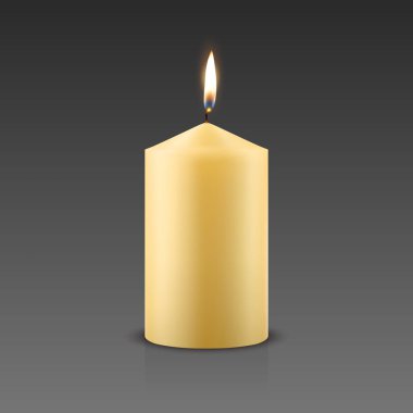 Vektör 3D Gerçekçi Parafin Yakma Partisi Spa Mumları ve Yanan Alev Kapanışı. Mum, Mum Alevi Tasarım Gevşeme, Sağlık ve Kutlama Konsepti, Ön Görünüm Şablonu.