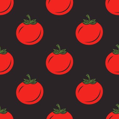 Siyah Arkaplanda Kırmızı Domatesli Kusursuz Vector Deseni. Tekstil, kağıt ve ev dekorasyonu için taze domates deseni. Kumaş için Domates Parmak izi Tasarımı. Domates Çizimi, Kusursuz Desen.