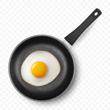 Vector 3d Realistik Fried Egg in the Black Frying Pan, yakından izole edilmiş, Top View. Çırpılmış yumurta, sahanda yumurta, omlet tasarımı. Lezzetli Kahvaltı, Yemek, Mutfak Konsepti.
