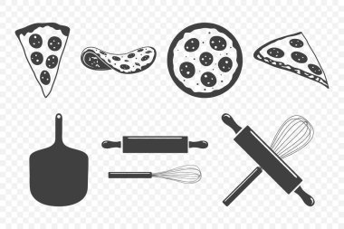 Vektör El Çizimi Pizza Simgesi Ayarlandı. Tam pizza, pizza dilimi, raket, çırpı, raptiye. Pizzeria, Menü Tasarımı, Simgeler için Tasarım Şablonları. Pizza Elementleri Koleksiyonu.