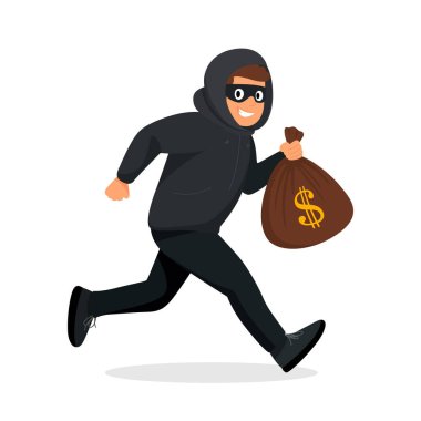 Vector çizgi film hırsızı çalıntı para çantasıyla koşuyor. Düz Stil Suçlu Para Çantası ve Dolar İşareti. Kapüşonlu ve Göz Maskeli Hırsızla Banka Soygunu.