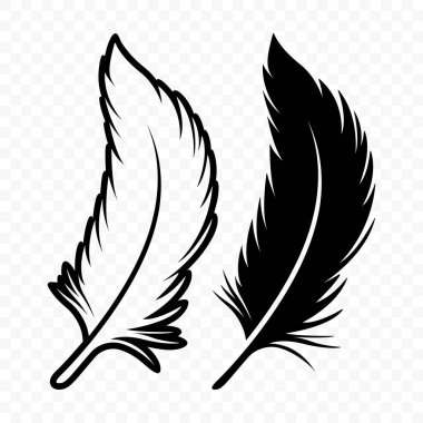 Vektör Siyah ve Beyaz Yumuşak Tüylü Logo Simgeleri. Siluet Tüy Seti Yakın plan izole edildi. Flamingo, Angel ve Kuş tüyü tasarım şablonu. Işık ve Özgürlük Konsepti.