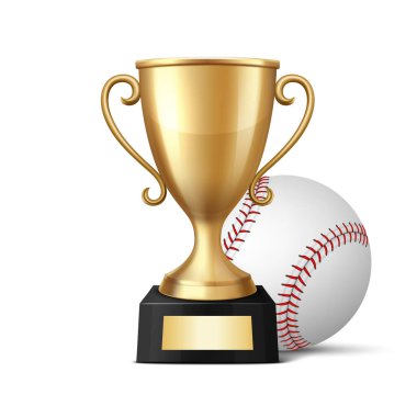 Vektör 3D Gerçekçi Sarı Şampiyon Kupası ve Beyzbol Takımı. Spor Şampiyonası Metal Tasarım Şablonu. Kupa ve Beyzbol, Front View. Spor Kavramları için Vektör İllüstrasyonu.