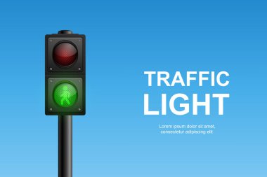Yeşil, Sarı ve Kırmızı Işıklı Vektör Gerçekçi Trafik Sinyali. Yaya Sinyali. Mavi Gökyüzü Arkaplanda Trafik Işığı.