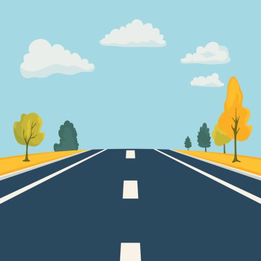 Düz Peyzaj Tasarımı. Manzaralı Karikatür Karayolu, Doğa Arkaplanı. Sevimli Açık Hava Sahnesi Yol, Otoyol, Pist, Ön Manzara. Vektör İllüstrasyonu.