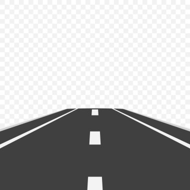 Kesik İşaretli Düz Yol Tasarımı. Manzaralı Karikatür Karayolu, izole edilmiş. Black Road, Highway, Track, Front View, Lane Mark 'lar. Vektör İllüstrasyonu.