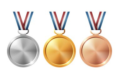 Vektör Altın, Gümüş ve Bronz Madalya ikonu. Renk Kurdeleleri Yakından İzole Edildi. Birinci, ikinci, üçüncü sıra ödülleri. Spor Turnuvası Zaferi.