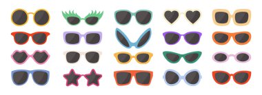 Vektör Düz Çerçeve Gözlüğü Simgesi Ayarlandı. Güneş gözlüğü, Vintage Gözlük, Lensler. Optik ve Gözlük Tasarım Şablonu. Vektör İllüstrasyonu. Göz Giyimi ve Optik için Düz Vektör Tasarımı.