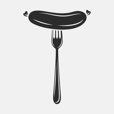 Fork 'ta Düz Vektör Çizgi Sosis ve Beyaz Arkaplan' da Taslak Kapalı Çekim. Menü, BBQ ve Mutfak Tasarımı İçin Vektör Gıda Çizimi.
