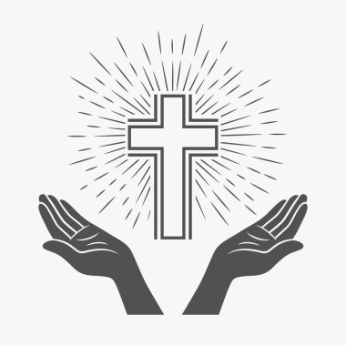 Kara ve Beyaz Elleri Haç ve İlahi Işık ile açın, İnanç ve Duanın Sembolü. Kilise logosu için tasarım şablonu. Dua, Din Konsepti Monokrom Siluet Simgesini Keser. Vektör İllüstrasyonu.
