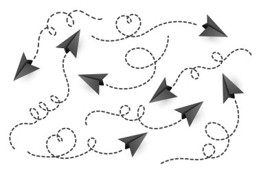 Vektör Gerçekçi Kara Kağıt Uçaklar Koleksiyonu. Kağıt Düzlem Simgesi Ayarları. Noktalı Hava Yolu ile Kalp Şeklinde Uçan Kağıt Uçak. Noktalı Mavi Kağıt Uçaklar.