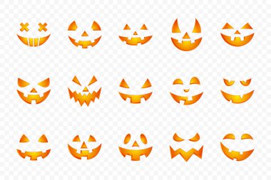 Cadılar Bayramı Balkabağı oymacılığı için Jack-o-Lantern Yüzleri Koleksiyonu, Renkli Cadılar Bayramı Balkabağı Yüzleri. Jack-o-Lantern Tasarımı, Cadılar Bayramı Yüz Simgesi Seti. Cadılar Bayramı için Jack-o-Lantern Çizimleri.