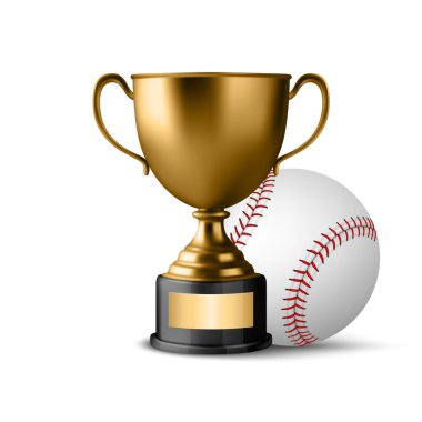 Vektör 3D Gerçekçi Sarı Şampiyon Kupası ve Beyzbol Takımı. Spor Şampiyonası Metal Tasarım Şablonu. Kupa ve Beyzbol, Front View. Spor Kavramları için Vektör İllüstrasyonu.