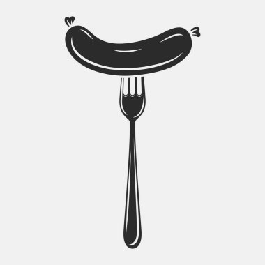 Fork 'ta Düz Vektör Çizgi Sosis ve Beyaz Arkaplan' da Taslak Kapalı Çekim. Menü, BBQ ve Mutfak Tasarımı İçin Vektör Gıda Çizimi.