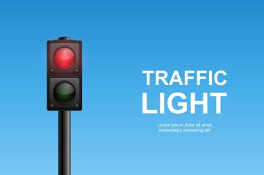 Kırmızı Işıklı Vektör Gerçekçi Trafik Işığı. Odak noktasında yayalar var. Açık Mavi Gökyüzü Arkaplanına Karşı Trafik Işığı Görünümü.