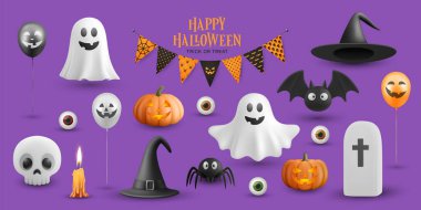 Üç boyutlu Cadılar Bayramı Çizgi Film Simgeleri Seti. Ürkütücü, Şirin, Eğlenceli Cadılar Bayramı Dekorasyonları. Şaka mı şeker mi, perili konsept mi? Cadılar Bayramı Çizgi Filmleri, Tasarım Şablonu Koleksiyonu.