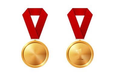 Vektör Altın Ödül Simgesi Renk Kurdeleleri Yakından İzole Edildi. Birinci Altın Madalya ve Boş Madalya. Spor Turnuvası Zaferi. Yarışma ve Ödül İçin Tasarım Şablonu.