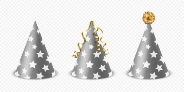 Vektör 3d Gerçekçi Siyah ve Beyaz Doğum Günü Partisi Şapka Simgesi İzole Edildi. Parti Afişi için Parti Cap Tasarım Şablonu, Tebrik Kartı. Tatil Şapkaları, Koni Şekli, Ön Görünüm.