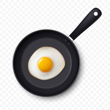 Vector 3d Realistik Fried Egg in the Black Frying Pan, yakından izole edilmiş, Top View. Çırpılmış yumurta, sahanda yumurta, omlet tasarımı. Lezzetli Kahvaltı, Yemek, Mutfak Konsepti.
