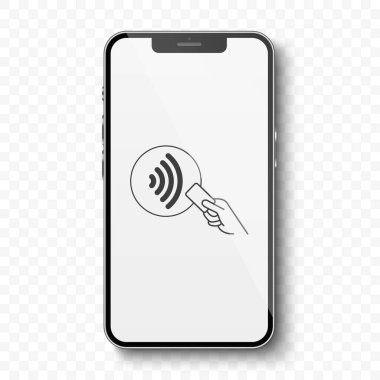 Temassız Ödeme Simgesiyle Gerçekçi Akıllı Telefon Vektör İllüstrasyonu, izole edildi. NFC Ödeme Sembolü, Kablosuz Ödeme, Aktarım için Dijital Cüzdan. Finans, Teknoloji, Mobil Tasarım Şablonu.