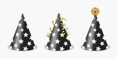 Vektör 3d Gerçekçi Siyah ve Beyaz Doğum Günü Partisi Şapka Simgesi İzole Edildi. Parti Afişi için Parti Cap Tasarım Şablonu, Tebrik Kartı. Tatil Şapkaları, Koni Şekli, Ön Görünüm.