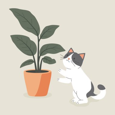 Şirin çizgi film düz vektör kedisi saksı bitkisine uzanıyor. Bitki severler için Vektör İllüstrasyonu. Sevimli Kedi Yavrusu Ev Hayatı Tasarım Şablonu.