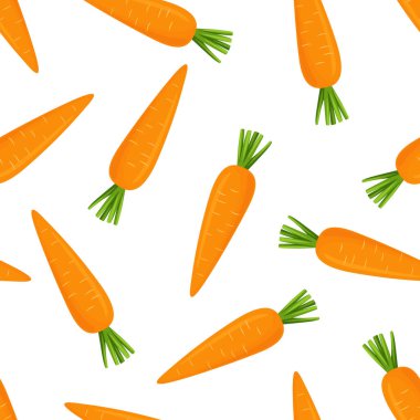 Beyaz Arkaplanda Çizgi Film Havuçlarının Kusursuz Şekilleri. Sağlıklı Yeme, Organik Gıda, Çocuk Besleme, Oyuncak Tasarım Şablonu için Taze Turuncu Havuç Baskısı.