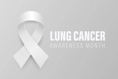 Beyaz Kurdeleli Vektör Gerçekçi Akciğer Kanseri Farkındalığı Bayrağı. Gri Arkaplanda Gerçekçi Beyaz Kurdele. Akciğer kanseri destek sembolü. Sağlık Sancağı, Sağlık Kampanyası. Beyaz Kurdele Döngüsü İllüstrasyonu.