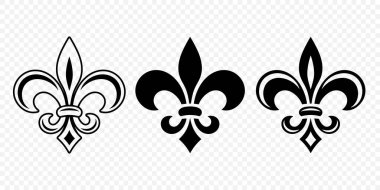 Vector Vintage White ve Black Fleur De Lis Icon Set izole edildi. Heraldic Lily, Retro Tasarım Elementi. Vektör İllüstrasyonu.