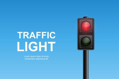 Vector Realistic Traffic Light with Red Light On. Pedestrian Signal in Focus. Traffic Light Illustration Against a Clear Blue Sky Background. clipart